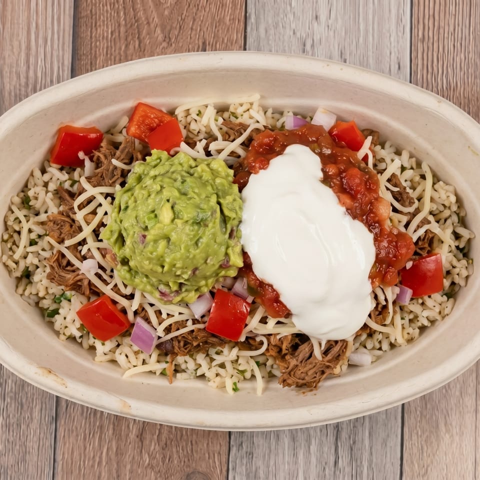 Burrito bowl with shredded beef, rice, cheese, guacamole, salsa, sour cream, and diced tomatoes.