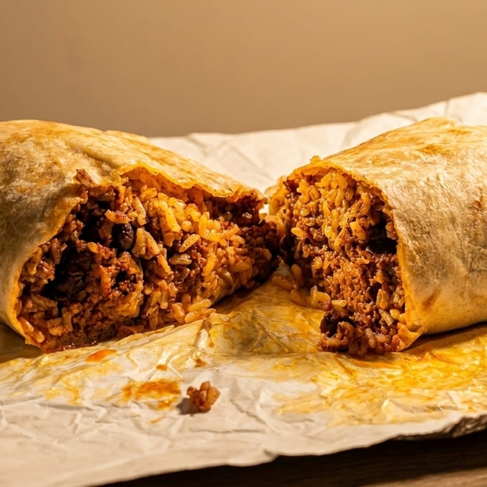 A large burrito, cut in half, revealing a savory filling of rice and meat, on crumpled paper.